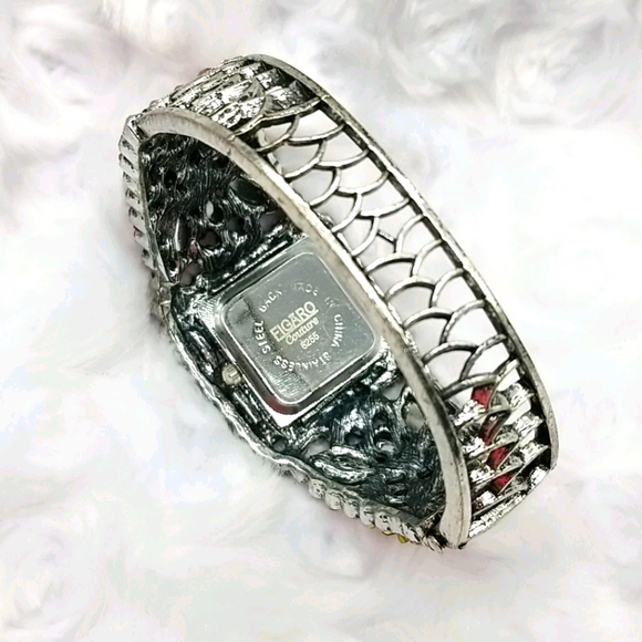 Figaro Couture Red Rhinestone Hinged Bangle Bracelet Watch - Picture 7 of 10